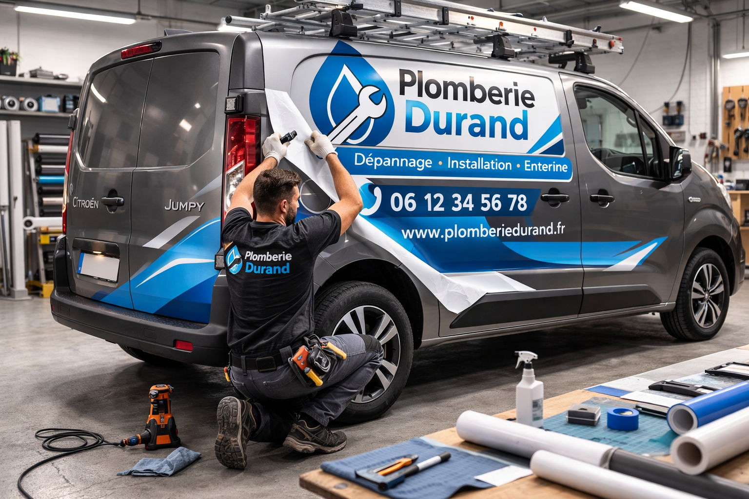 Pose de marquage publicitaire sur un Citroën Jumpy d’artisan plombier, réalisée en atelier avec application professionnelle d’adhésif vinyle.