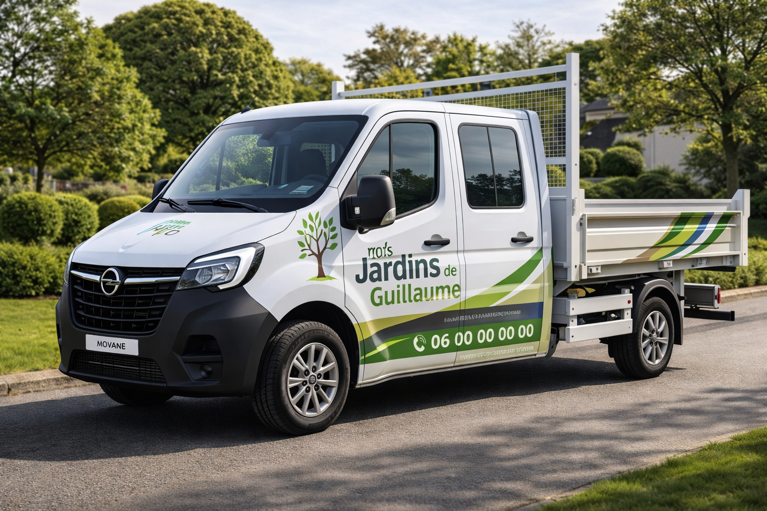 Camionnette Opel Movano benne blanche avec marquage publicitaire “Les Jardins de Guillaume”, paysagiste, réalisée en covering partiel pour une visibilité locale renforcée.