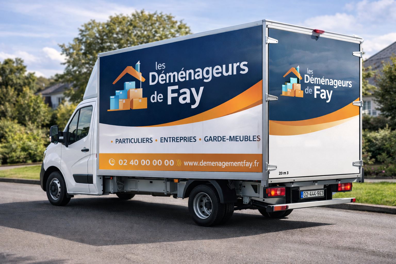 Camion Renault Master 20 m³ sans hayon avec marquage publicitaire “Les Déménageurs de Fay”, covering professionnel pour entreprise de déménagement.