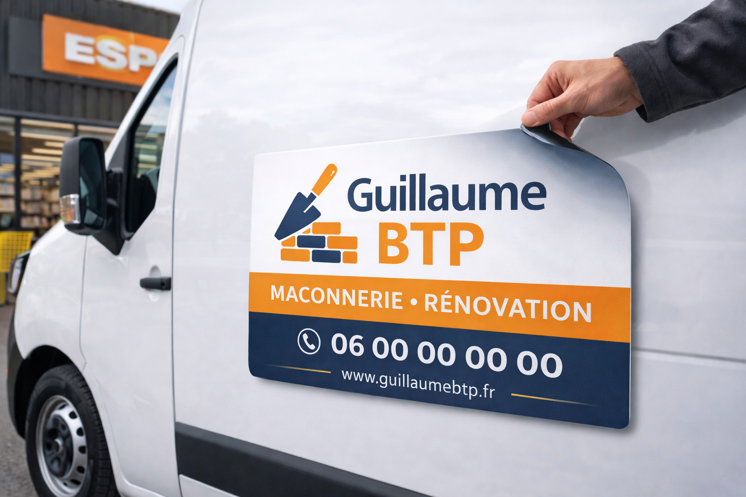 Plaque magnétique publicitaire posée sur une surface plane de camionnette, solution amovible pour artisan maçon à Nantes.